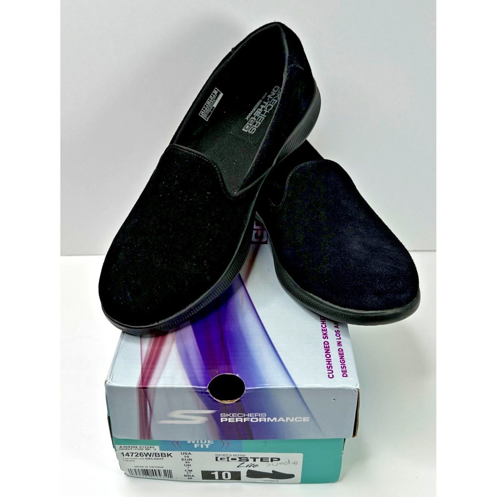 Skechers Women's Go Step Lite Delight Black Suede Shoes Sz 10 Wide Fit NIB
